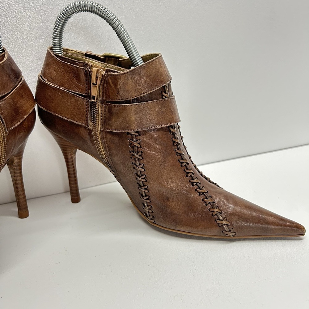 Carlos Santana Borderline Brown Leather Ankle Booties Heels Whipstitch Womens 7M - Picture 6 of 12